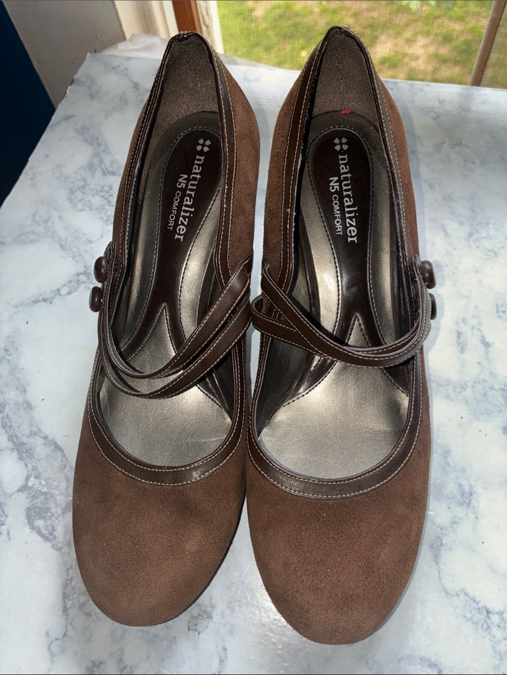 Naturalizer Brown Suede Mary Jane Heels with Cross Strap